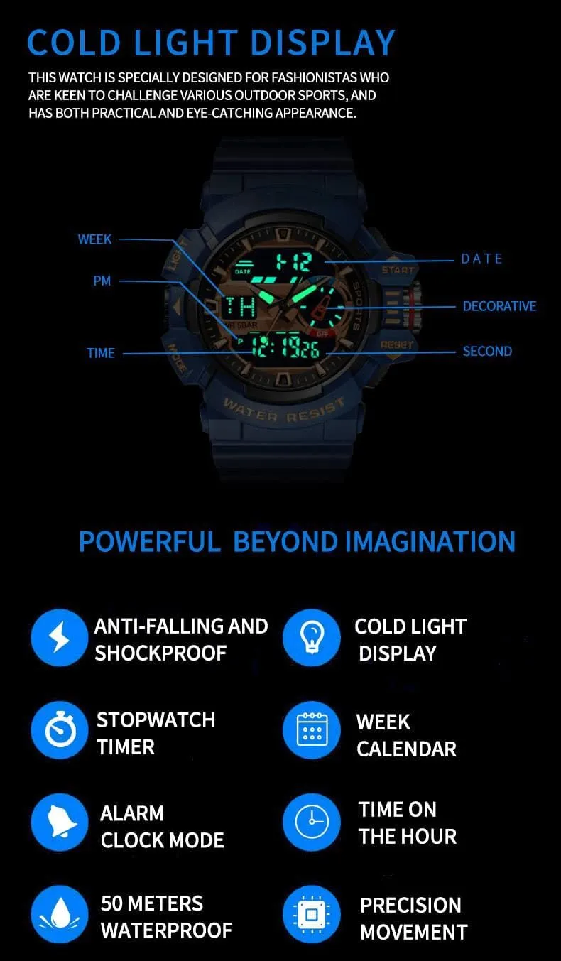 Military Watches LED Quartz Dual Display vitascope pulse expression canyon coax Waterproof Multi Functional Men's Wrist Watches Carlien Men Sports 
