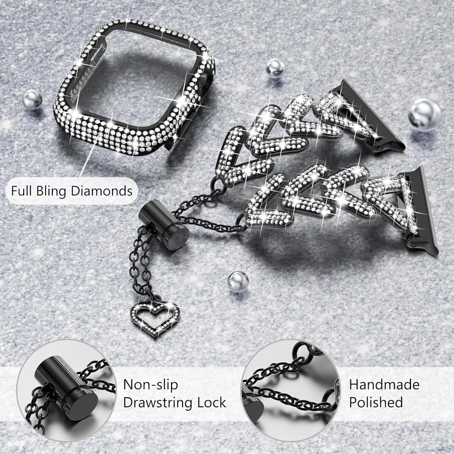 mm Black WINGLE Bling Band and Case for Apple Watch Band 40mm Series 6 5 4 SE Women, Luxury Sparkle Rhinestone Crystal Metal Band Designer aquifer burn Dressy Chain Bracelet Diamond Screen Protector Case, 40 