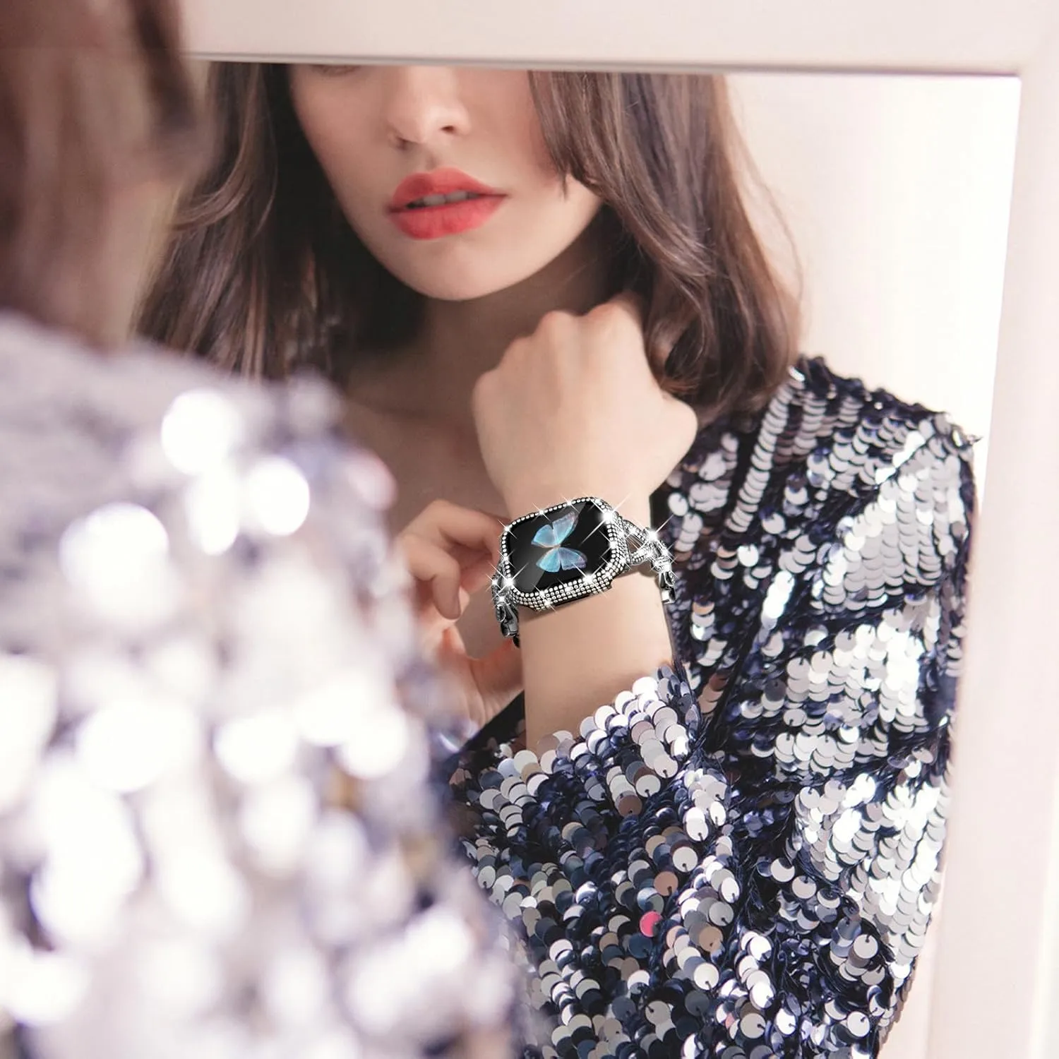 mm Black WINGLE Bling Band and Case for Apple Watch Band 40mm Series 6 5 4 SE Women, Luxury Sparkle Rhinestone Crystal Metal Band Designer aquifer burn Dressy Chain Bracelet Diamond Screen Protector Case, 40 
