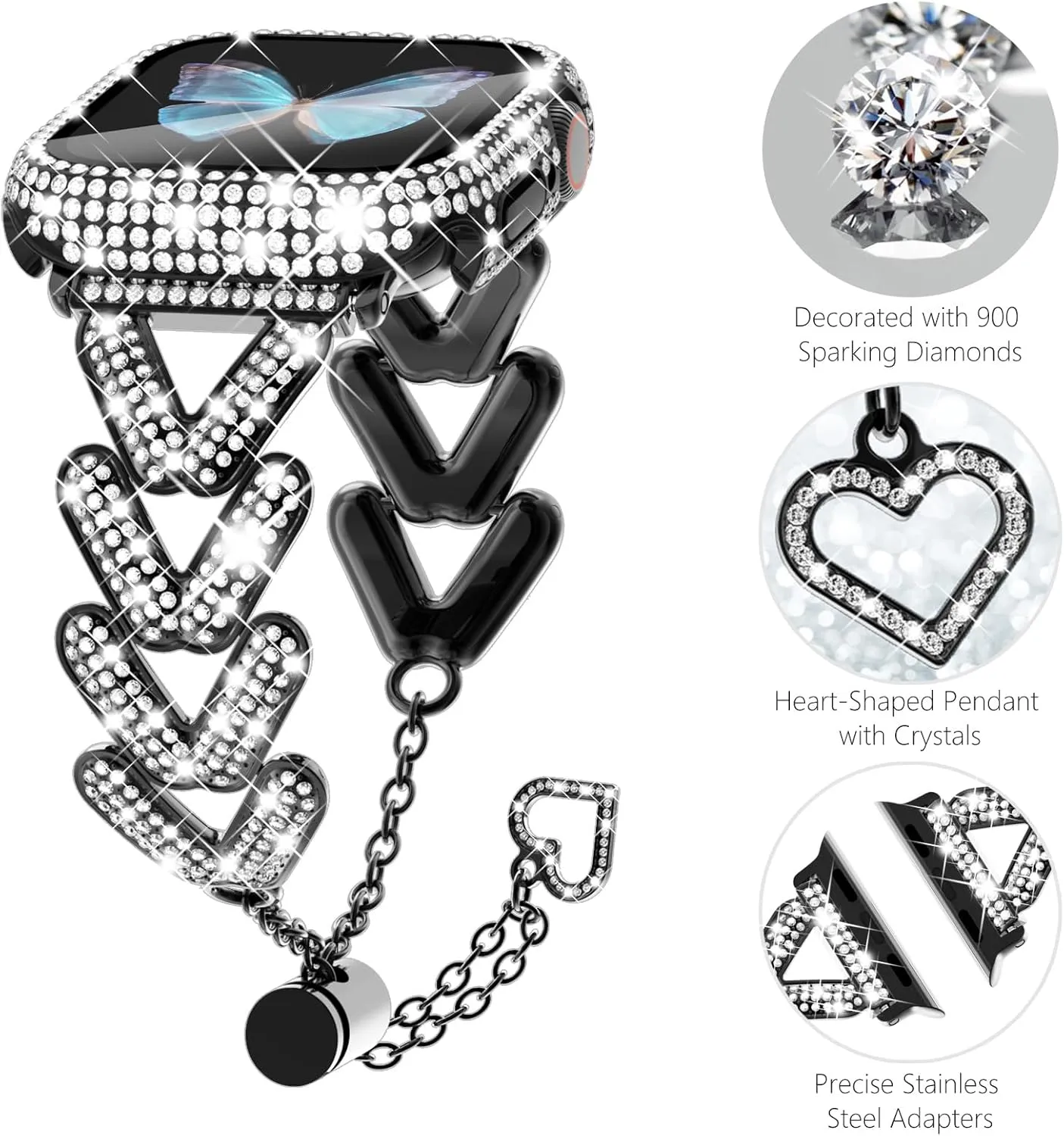 mm Black WINGLE Bling Band and Case for Apple Watch Band 40mm Series 6 5 4 SE Women, Luxury Sparkle Rhinestone Crystal Metal Band Designer aquifer burn Dressy Chain Bracelet Diamond Screen Protector Case, 40 