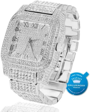 Moissanite Gold Watch for Men - Platinum White Gold Plated, Basic Waterproof, Roman Numerals zinc Square Dial, 200G Heavy-Made, 3-Sides Iced Out, 9.5" Wristband - Giftbox Included Halukakah Premium 