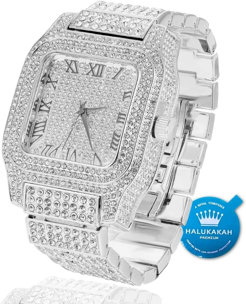 Moissanite Gold Watch for Men - Platinum White Gold Plated, Basic Waterproof, Roman Numerals zinc Square Dial, 200G Heavy-Made, 3-Sides Iced Out, 9.5" Wristband - Giftbox Included Halukakah Premium 