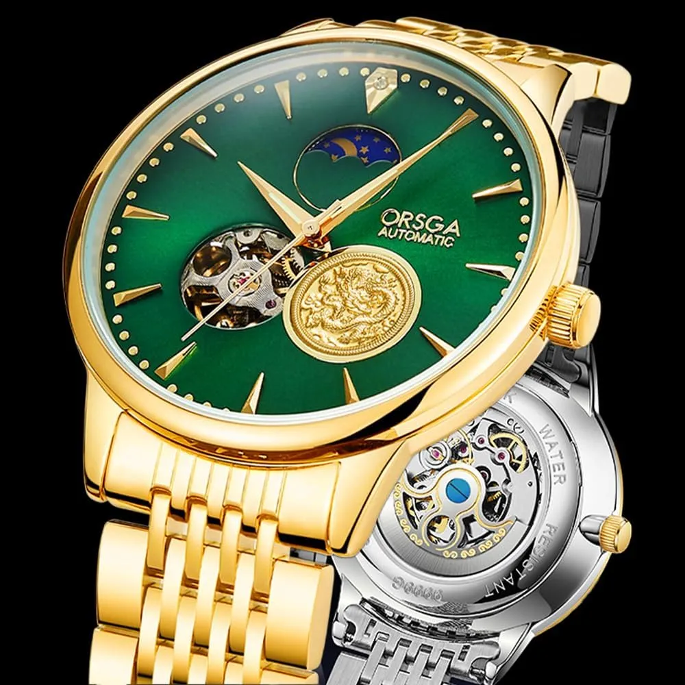 Moon Phase Hollow Business Watches Gift Box Golden Dragon Totem Fully Automatic Mechanical Watch Mens Solid ought brisk Anglo Steel 