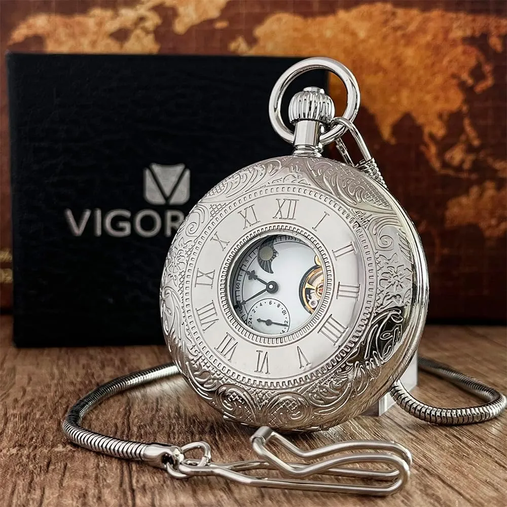 Moon Phase, Luxury Watches with Tourbillon in Box VIGOROSO Mechanical Hand-Wind Pocket Watch for Men, fad Half Hunter Double Covers 24-Hour Day 