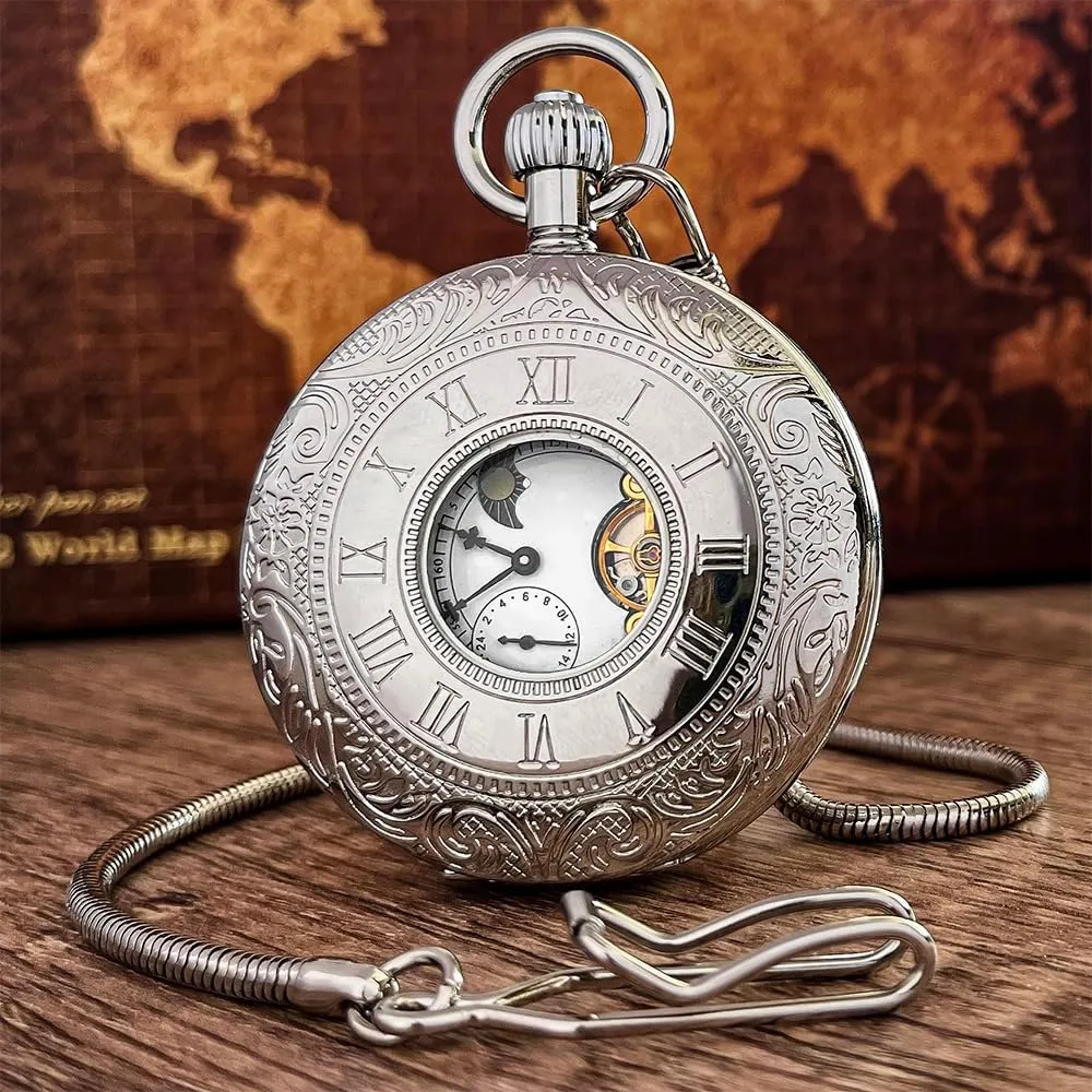 Moon Phase, Luxury Watches with Tourbillon in Box VIGOROSO Mechanical Hand-Wind Pocket Watch for Men, fad Half Hunter Double Covers 24-Hour Day 