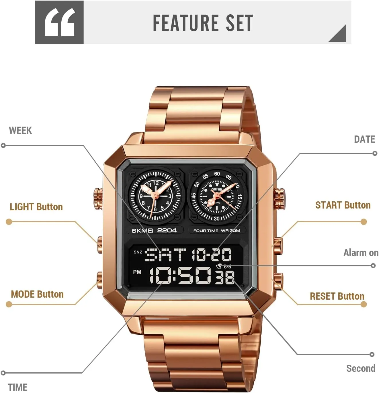 motor differentiate fringe Luminous Wristwatch Men's Multifunction Digital-Analog Fashion Outdoor Casual Watch EL Light Square Dial Dual Timer Time Countdown Waterproof Rose Gold Silver Stainless Steel Strap Alarm Stopwatch LED 