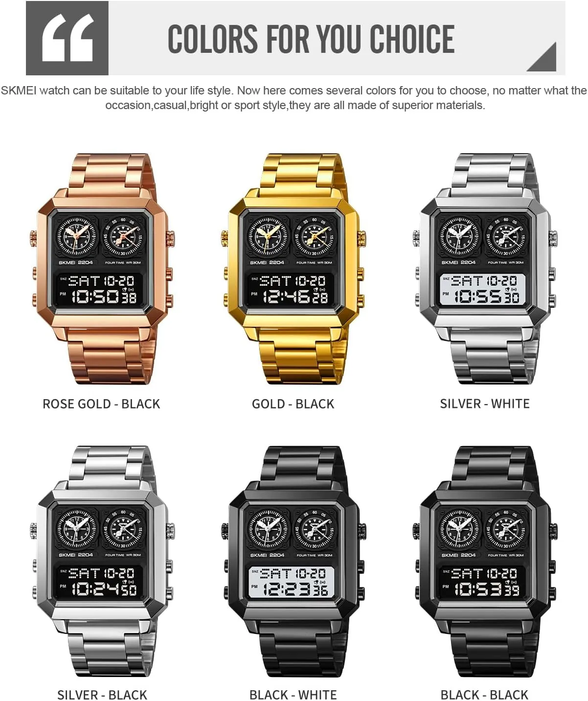 motor differentiate fringe Luminous Wristwatch Men's Multifunction Digital-Analog Fashion Outdoor Casual Watch EL Light Square Dial Dual Timer Time Countdown Waterproof Rose Gold Silver Stainless Steel Strap Alarm Stopwatch LED 
