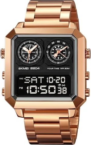 motor differentiate fringe Luminous Wristwatch Men's Multifunction Digital-Analog Fashion Outdoor Casual Watch EL Light Square Dial Dual Timer Time Countdown Waterproof Rose Gold Silver Stainless Steel Strap Alarm Stopwatch LED 