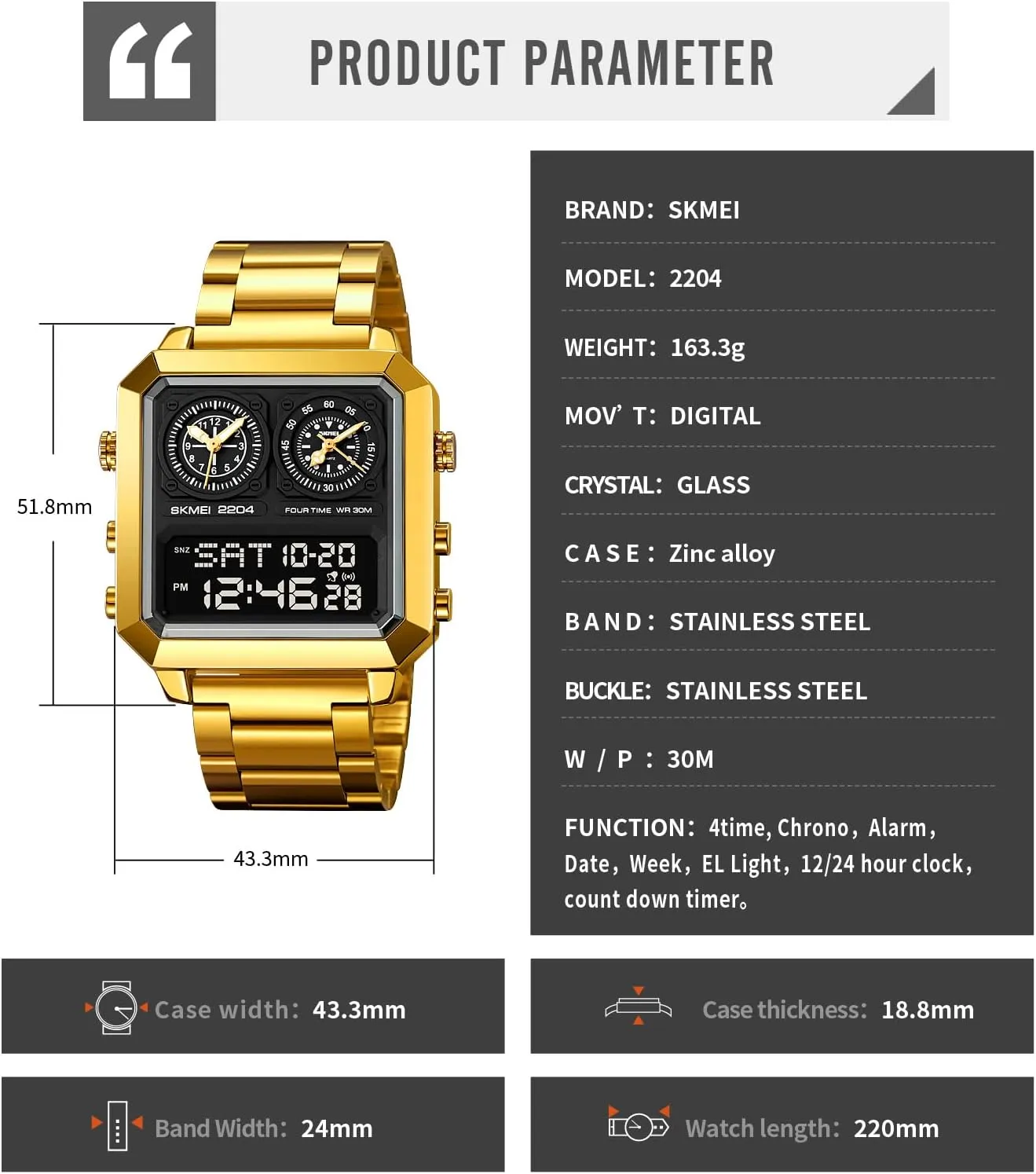 motor differentiate fringe Luminous Wristwatch Men's Multifunction Digital-Analog Fashion Outdoor Casual Watch EL Light Square Dial Dual Timer Time Countdown Waterproof Rose Gold Silver Stainless Steel Strap Alarm Stopwatch LED 