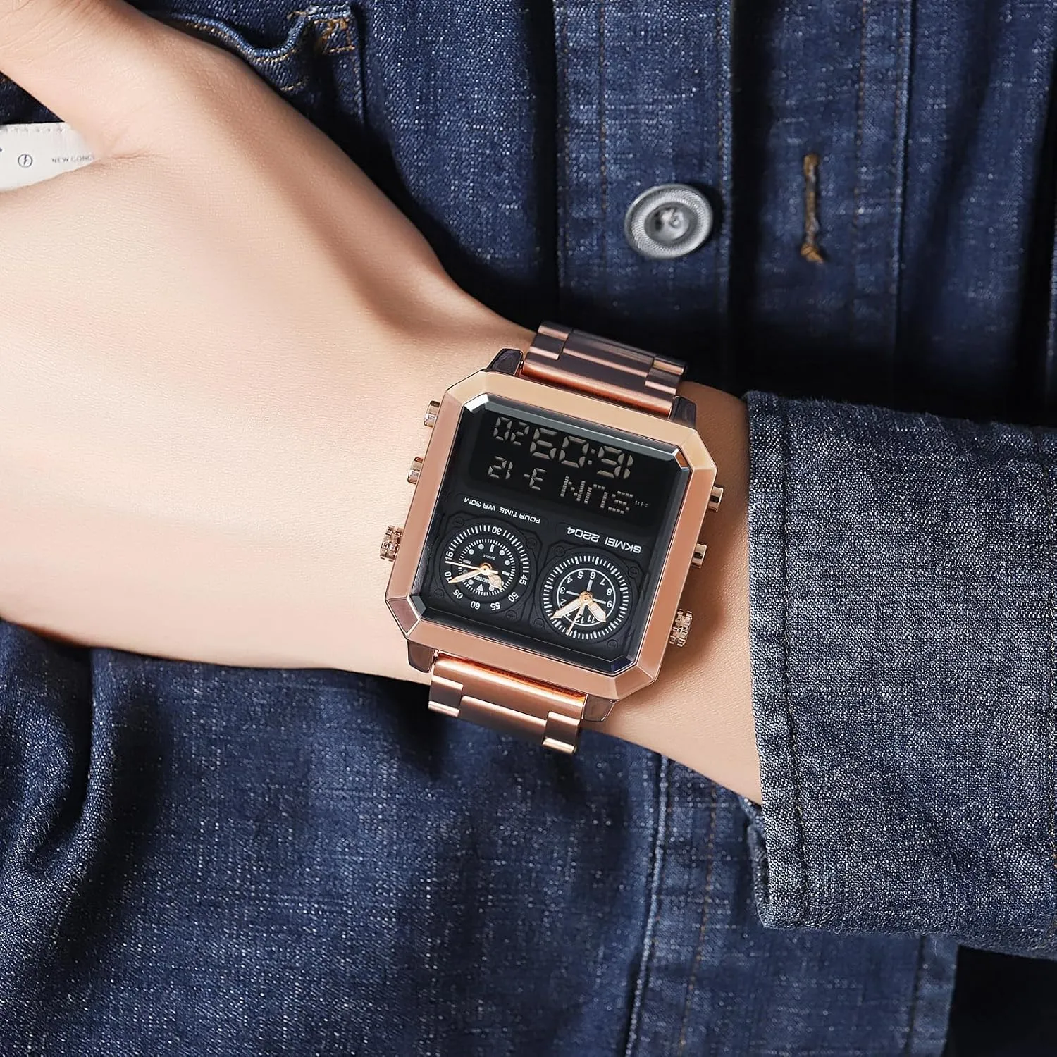 motor differentiate fringe Luminous Wristwatch Men's Multifunction Digital-Analog Fashion Outdoor Casual Watch EL Light Square Dial Dual Timer Time Countdown Waterproof Rose Gold Silver Stainless Steel Strap Alarm Stopwatch LED 