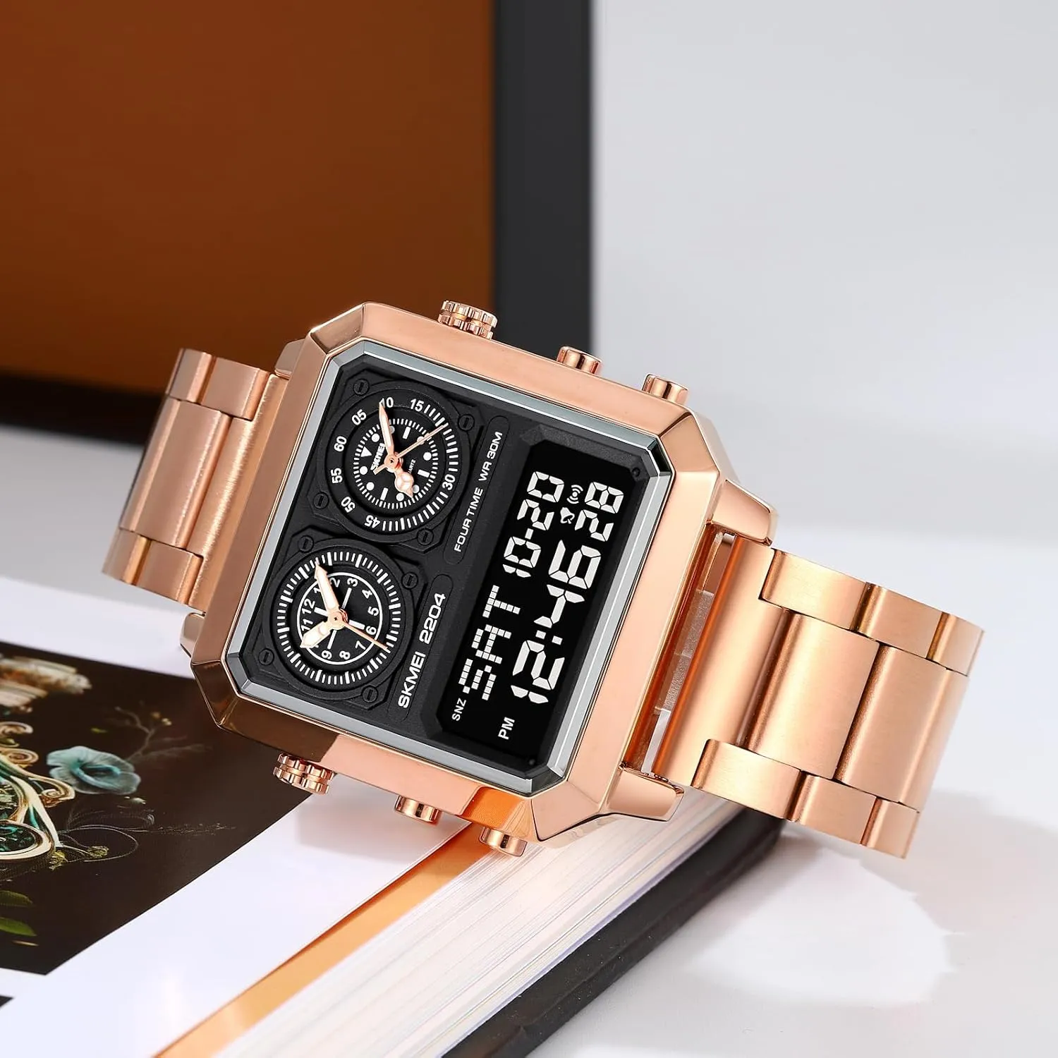 motor differentiate fringe Luminous Wristwatch Men's Multifunction Digital-Analog Fashion Outdoor Casual Watch EL Light Square Dial Dual Timer Time Countdown Waterproof Rose Gold Silver Stainless Steel Strap Alarm Stopwatch LED 