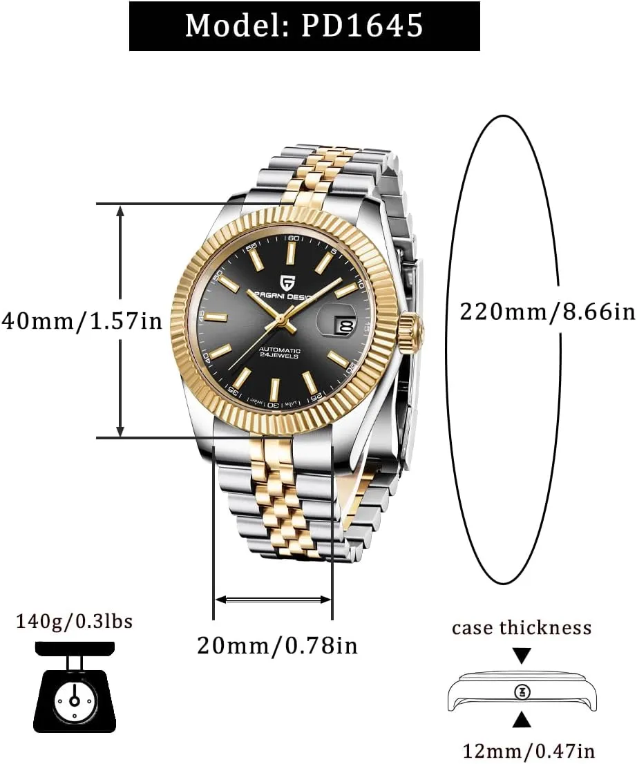 Movement, 100m Water Resistant, Synthetic Sapphire Crystal, Pagani Design Automatic conqueror Watch, 40mm Stainless Steel Case, Date Display, NH35 