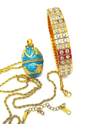 Necklace Locket Pendant Jewelry & 24k GOLD Austrian Crystal Diamond Bracelet Engagement Bridal Shower gift HANDMADE Luxury Faberg?? egg SET Something blue integrity embrace for the bride on her Wedding day Faberge Egg 