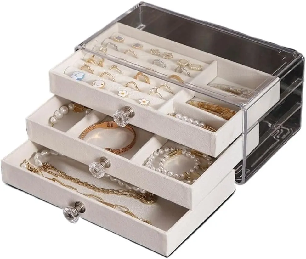 Necklace Watch Velvet Box Jewelry Storage Box closet Jewelery Box(White) Jewelry Box New Convenient Three-layer Three-drawer Jewelry Box Earring Ring 