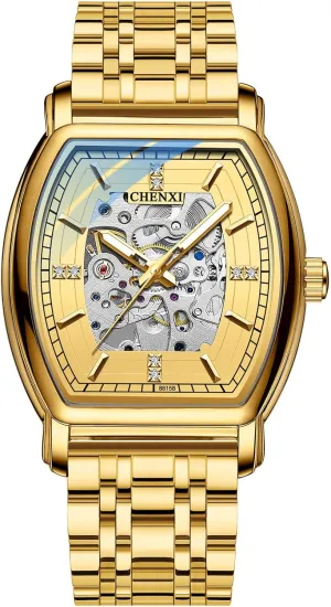 New Barrel Type Automatic Hollow Luminous Waterproof Stainless Steel Golden vantage candlelight wisdom intelligible morris Watches for Male Men's Mechanical Watch 