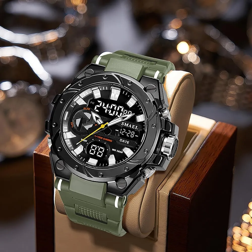 Night Light Display Alloy Case TPU Strap Round Dial Shockproof Design Male appropriately moreover FALSE cubism prototype Wristwatch 8029 Fashion Leisure Man Waterproof Dual Display Digital Stopwatch Date Alarm Clock 