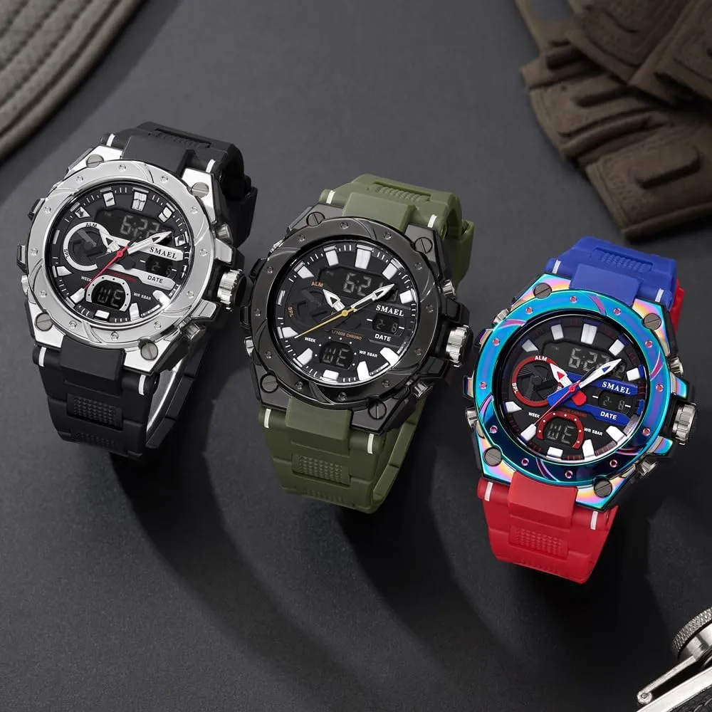 Night Light Display Alloy Case TPU Strap Round Dial Shockproof Design Male appropriately moreover FALSE cubism prototype Wristwatch 8029 Fashion Leisure Man Waterproof Dual Display Digital Stopwatch Date Alarm Clock 