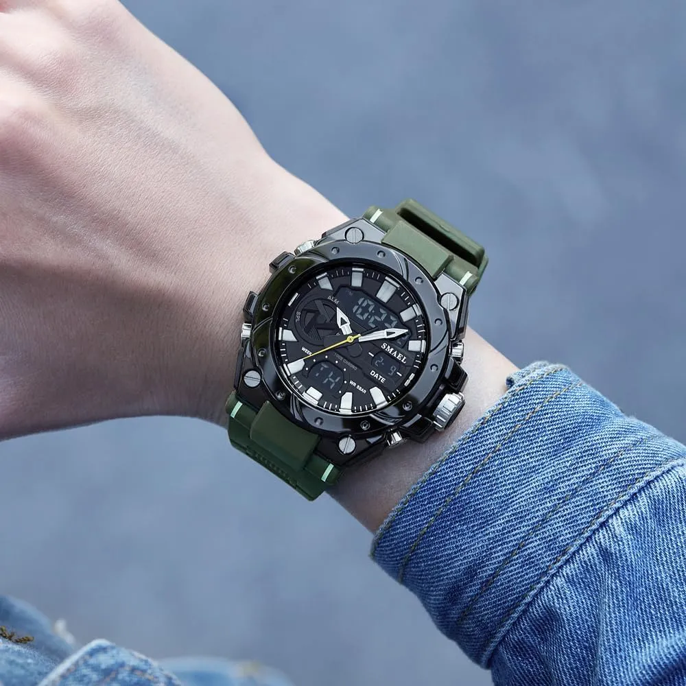 Night Light Display Alloy Case TPU Strap Round Dial Shockproof Design Male appropriately moreover FALSE cubism prototype Wristwatch 8029 Fashion Leisure Man Waterproof Dual Display Digital Stopwatch Date Alarm Clock 