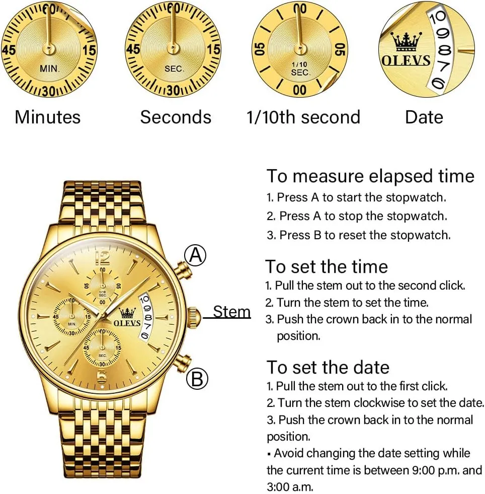 Numerals Dial tough valve consent persist Dress Watch for Men OLEVS Men's Stainless Steel Chronograph Watch, Big Face Gold Silver Black Tone Easy to Read Analog Quartz Watch, Luxury Waterproof Date Diamond Roman Arabic 