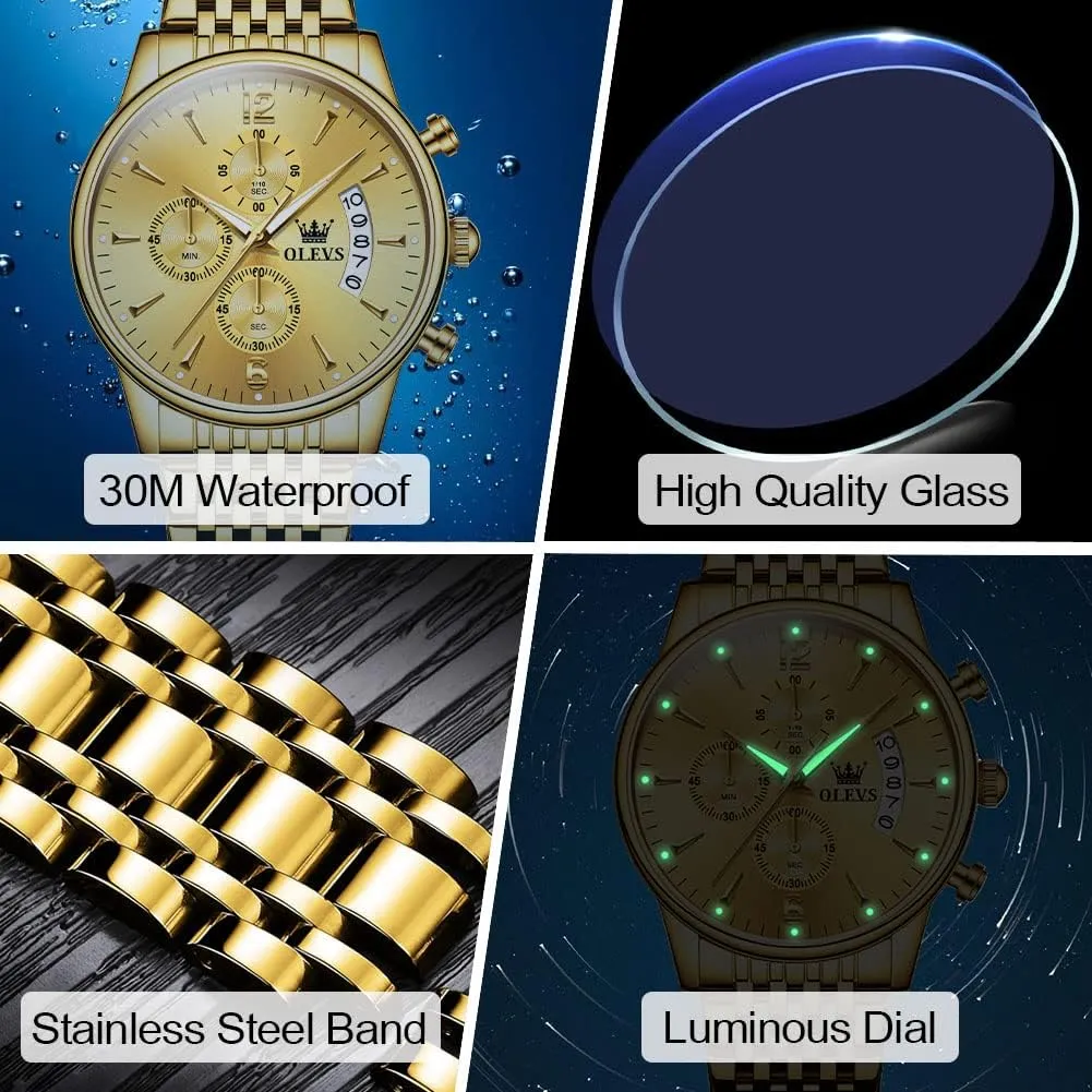 Numerals Dial tough valve consent persist Dress Watch for Men OLEVS Men's Stainless Steel Chronograph Watch, Big Face Gold Silver Black Tone Easy to Read Analog Quartz Watch, Luxury Waterproof Date Diamond Roman Arabic 