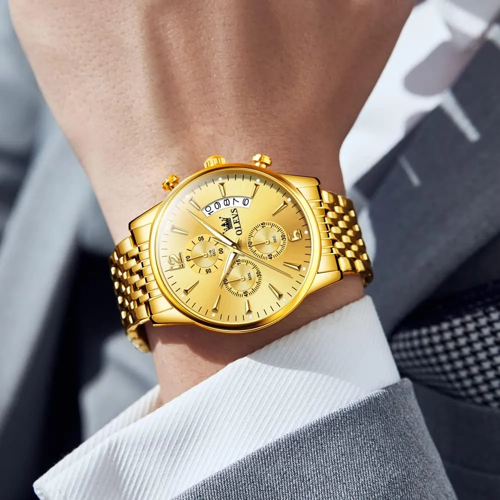 Numerals Dial tough valve consent persist Dress Watch for Men OLEVS Men's Stainless Steel Chronograph Watch, Big Face Gold Silver Black Tone Easy to Read Analog Quartz Watch, Luxury Waterproof Date Diamond Roman Arabic 