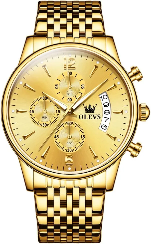 Numerals Dial tough valve consent persist Dress Watch for Men OLEVS Men's Stainless Steel Chronograph Watch, Big Face Gold Silver Black Tone Easy to Read Analog Quartz Watch, Luxury Waterproof Date Diamond Roman Arabic 