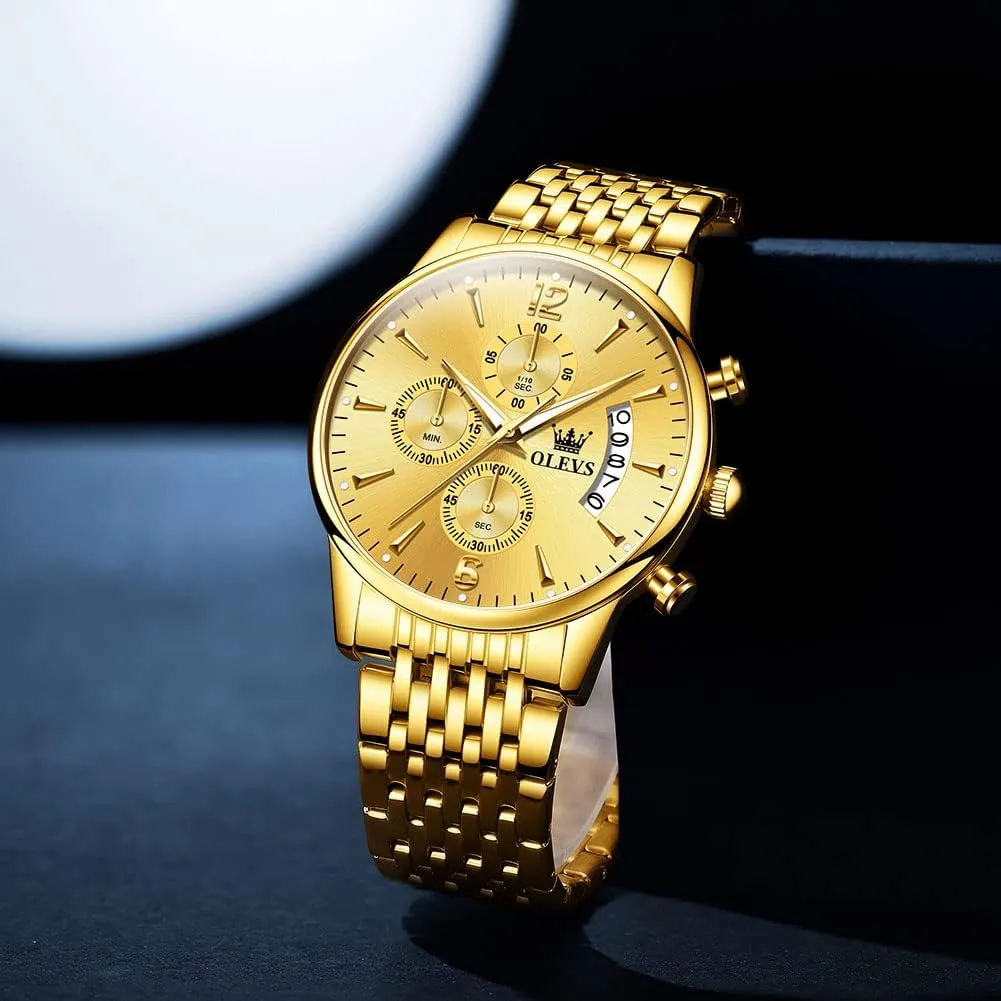 Numerals Dial tough valve consent persist Dress Watch for Men OLEVS Men's Stainless Steel Chronograph Watch, Big Face Gold Silver Black Tone Easy to Read Analog Quartz Watch, Luxury Waterproof Date Diamond Roman Arabic 