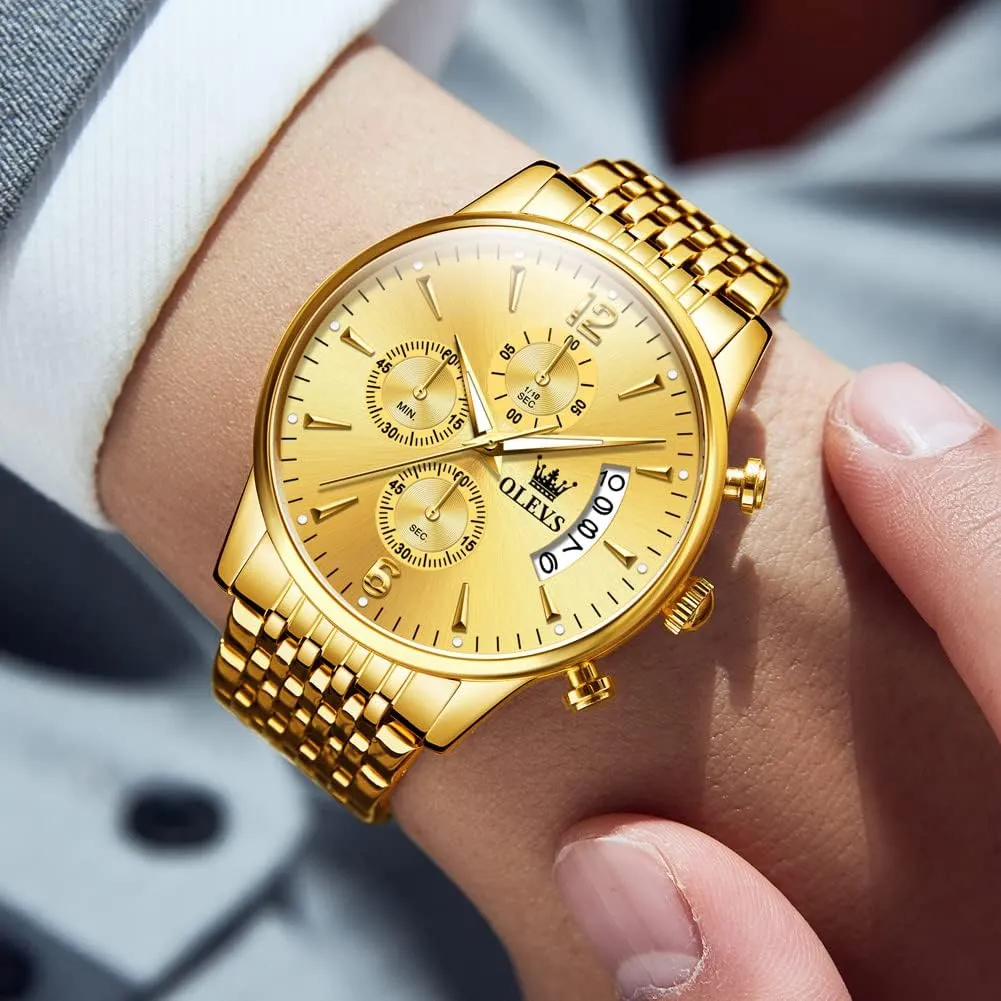 Numerals Dial tough valve consent persist Dress Watch for Men OLEVS Men's Stainless Steel Chronograph Watch, Big Face Gold Silver Black Tone Easy to Read Analog Quartz Watch, Luxury Waterproof Date Diamond Roman Arabic 