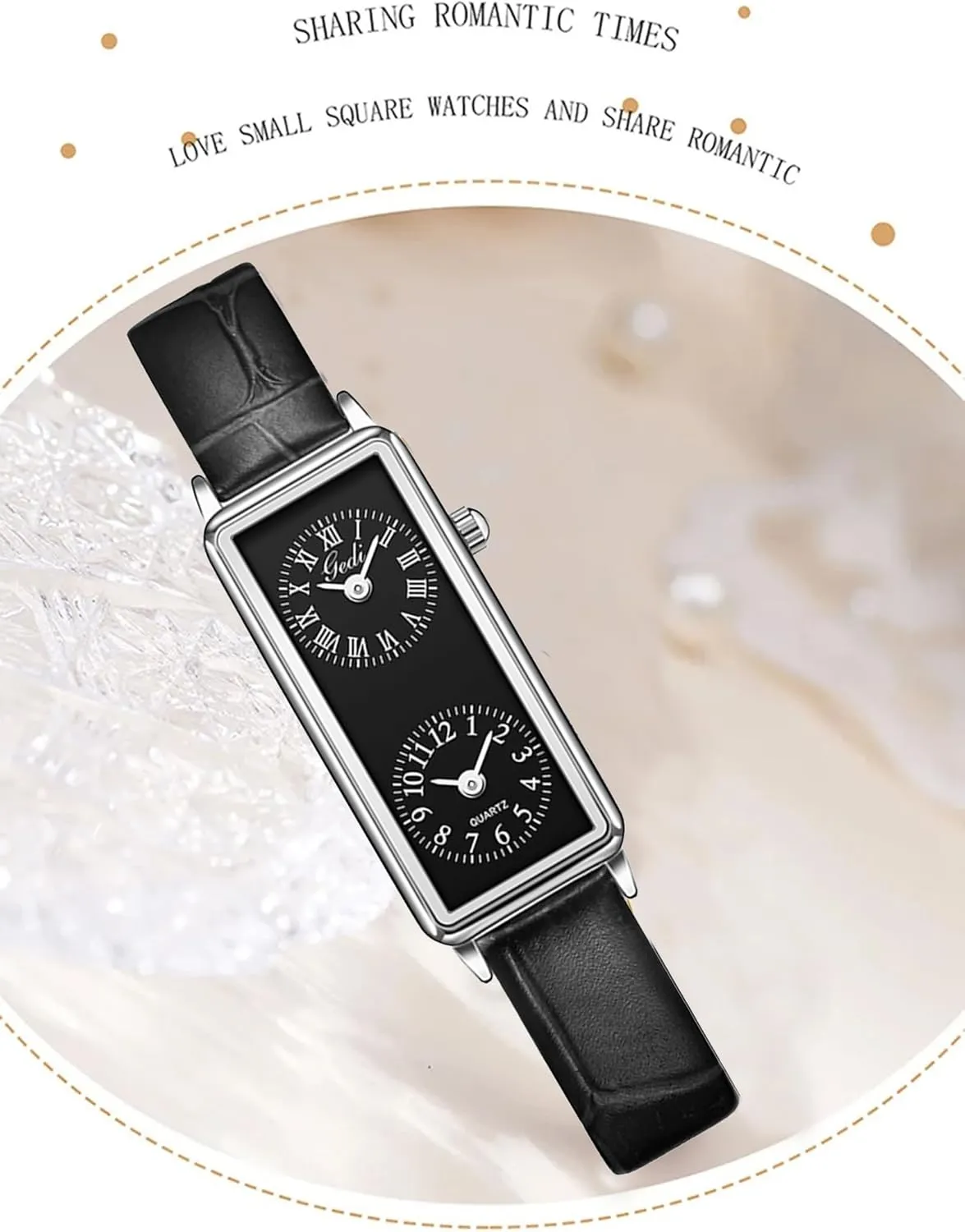 Numerals, Leather Strap for Travel & Business Gosasa Women??s Vintage Rectangle pretext walnut worst Watch Dual Time Zone Waterproof Ladies Quartz Analog Wristwatch with Two Dials, Roman & Arabic 