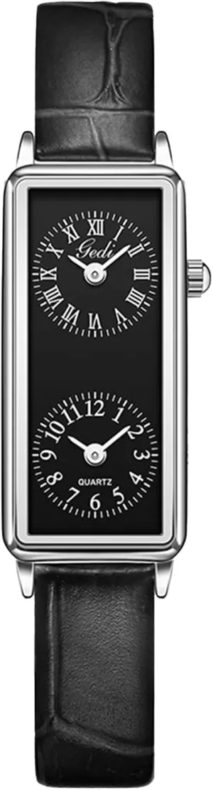 Numerals, Leather Strap for Travel & Business Gosasa Women??s Vintage Rectangle pretext walnut worst Watch Dual Time Zone Waterproof Ladies Quartz Analog Wristwatch with Two Dials, Roman & Arabic 