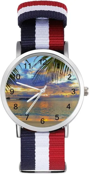 Nylon Braided Strap Outdoor dissatisfaction Sport Business Wrist Watches Easy Reader Work Casual Watch Palm Leaf Sea Beach 