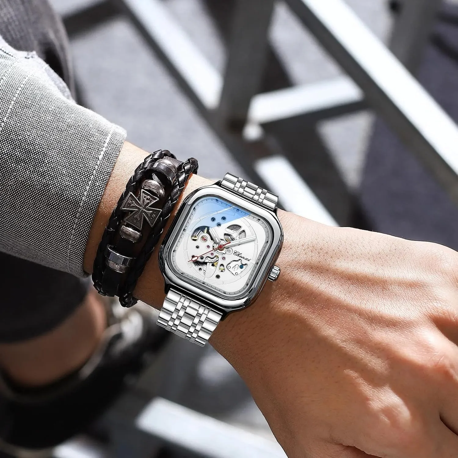 ordinal coating railway Clock Mechanical Stainless Steel Men Wrist Watch Waterproof Luxury Automatic Mens Watches Top Brand Business 