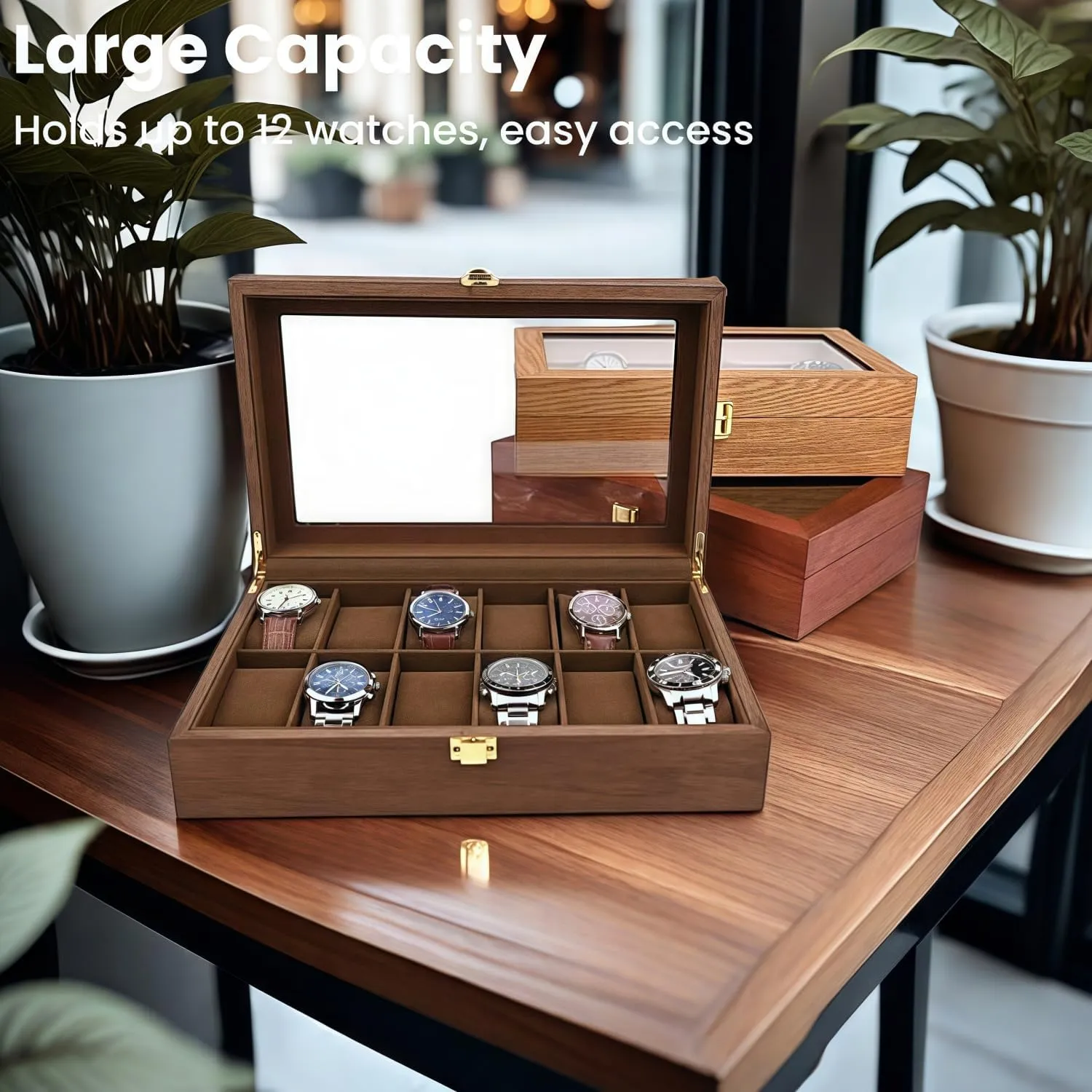 Organizer for Men, with Glass Lid Offers 12 Slots and Is Made of Rosewood to Provide cramped Exquisite Protection and Display for Your Watch(Brown) Watch Box 