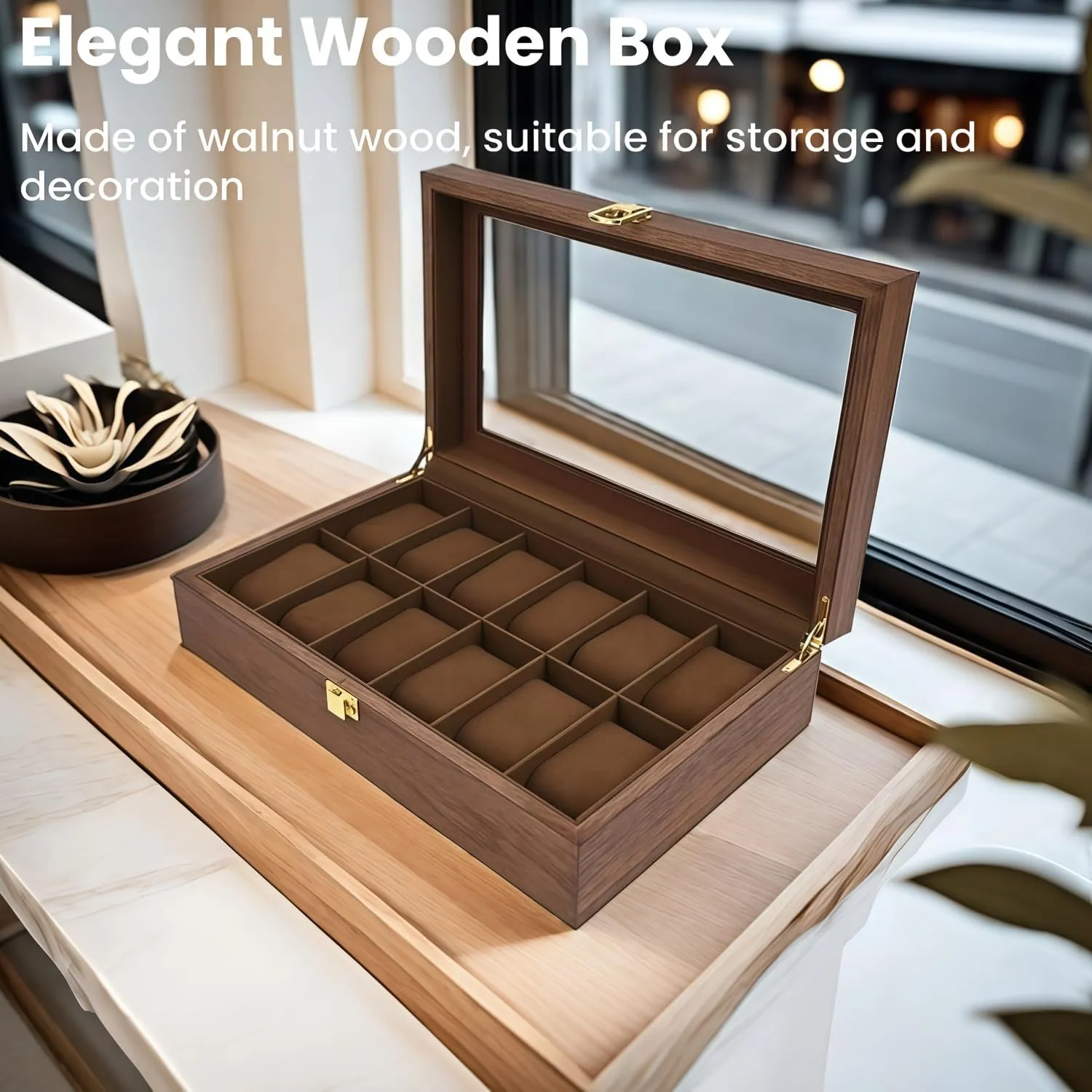 Organizer for Men, with Glass Lid Offers 12 Slots and Is Made of Rosewood to Provide cramped Exquisite Protection and Display for Your Watch(Brown) Watch Box 