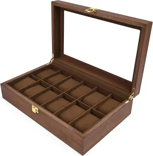 Organizer for Men, with Glass Lid Offers 12 Slots and Is Made of Rosewood to Provide cramped Exquisite Protection and Display for Your Watch(Brown) Watch Box 