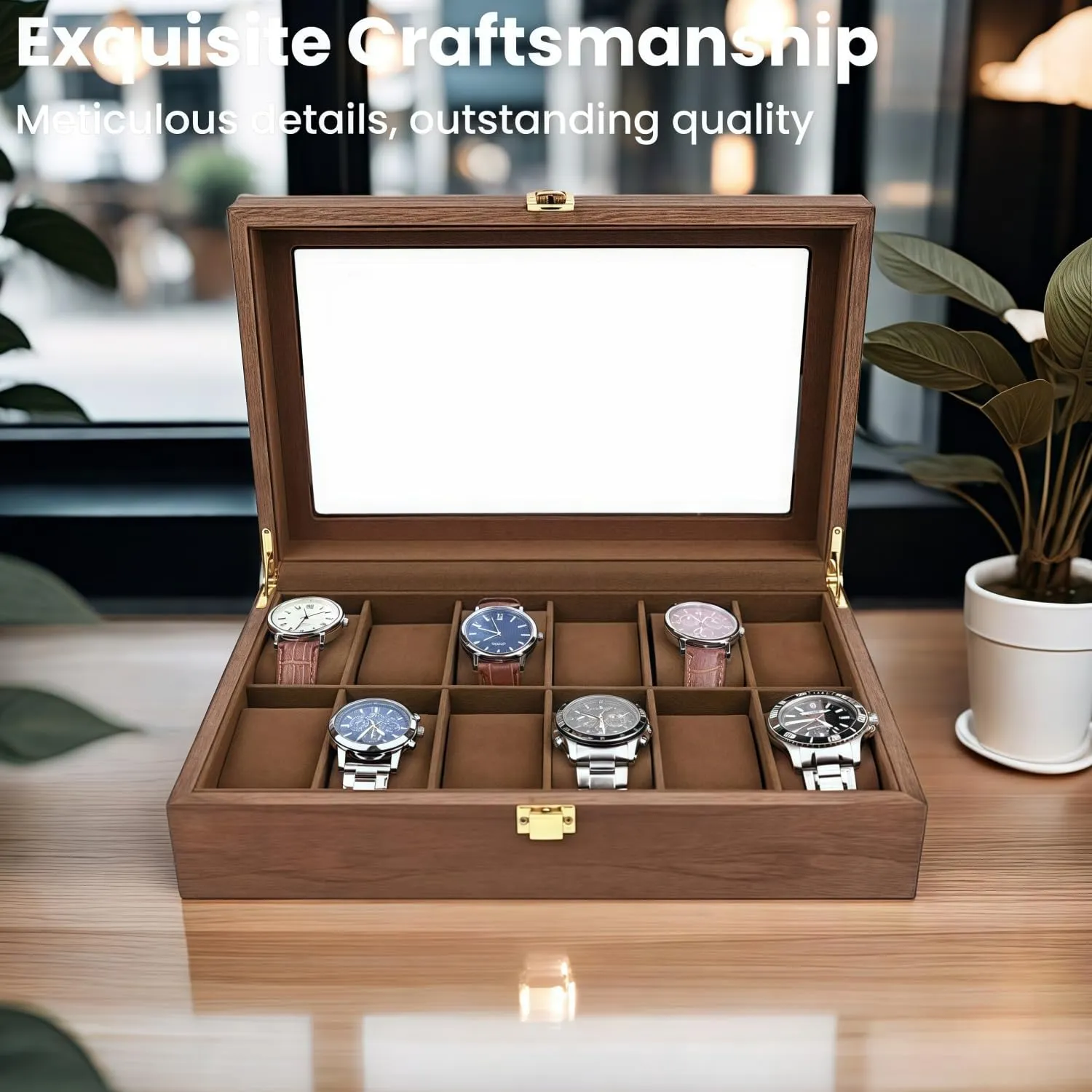 Organizer for Men, with Glass Lid Offers 12 Slots and Is Made of Rosewood to Provide cramped Exquisite Protection and Display for Your Watch(Brown) Watch Box 