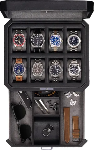Organizer, Locking Display Case Holder, Real Glass Top - noble climb Watch Box Organizer for Men & Women (Black/Grey) ROTHWELL 8 Slot Leather Watch Box with Valet Drawer - Luxury Case Display Jewelry 