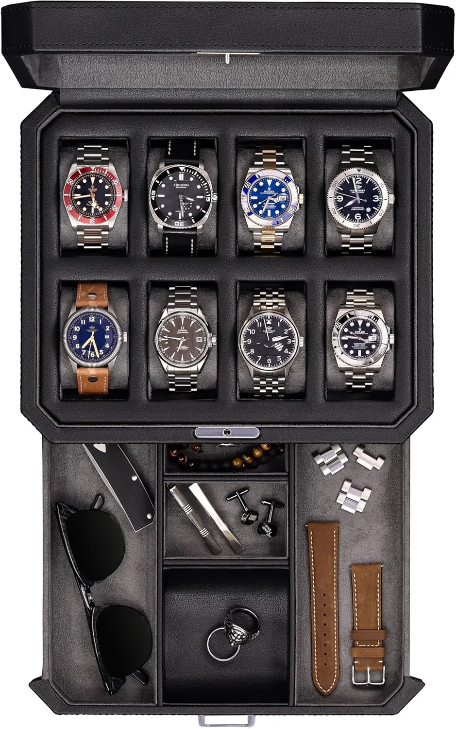 Organizer, Locking Display Case Holder, Real Glass Top - noble climb Watch Box Organizer for Men & Women (Black/Grey) ROTHWELL 8 Slot Leather Watch Box with Valet Drawer - Luxury Case Display Jewelry 