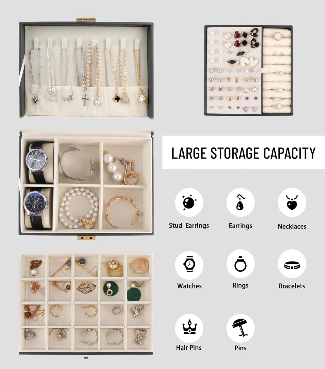 Organizer Storage Case with Lock,Travel Jewelry Organizer Box Display for Ideal Gift knife ammonia Earring Necklace Bracelet Ring Watches Jewelry Box for Women Girls, 3 Layers Large Jewelry 
