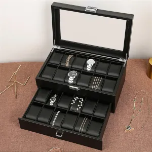 Organizer Storage Luxury Wood Case Wooden Black Display Box Square slapdash Glass Cabinet Double Layer 24 Slots Boxes Man (Color : Black) PUCHEN watch box Men Watch Box 