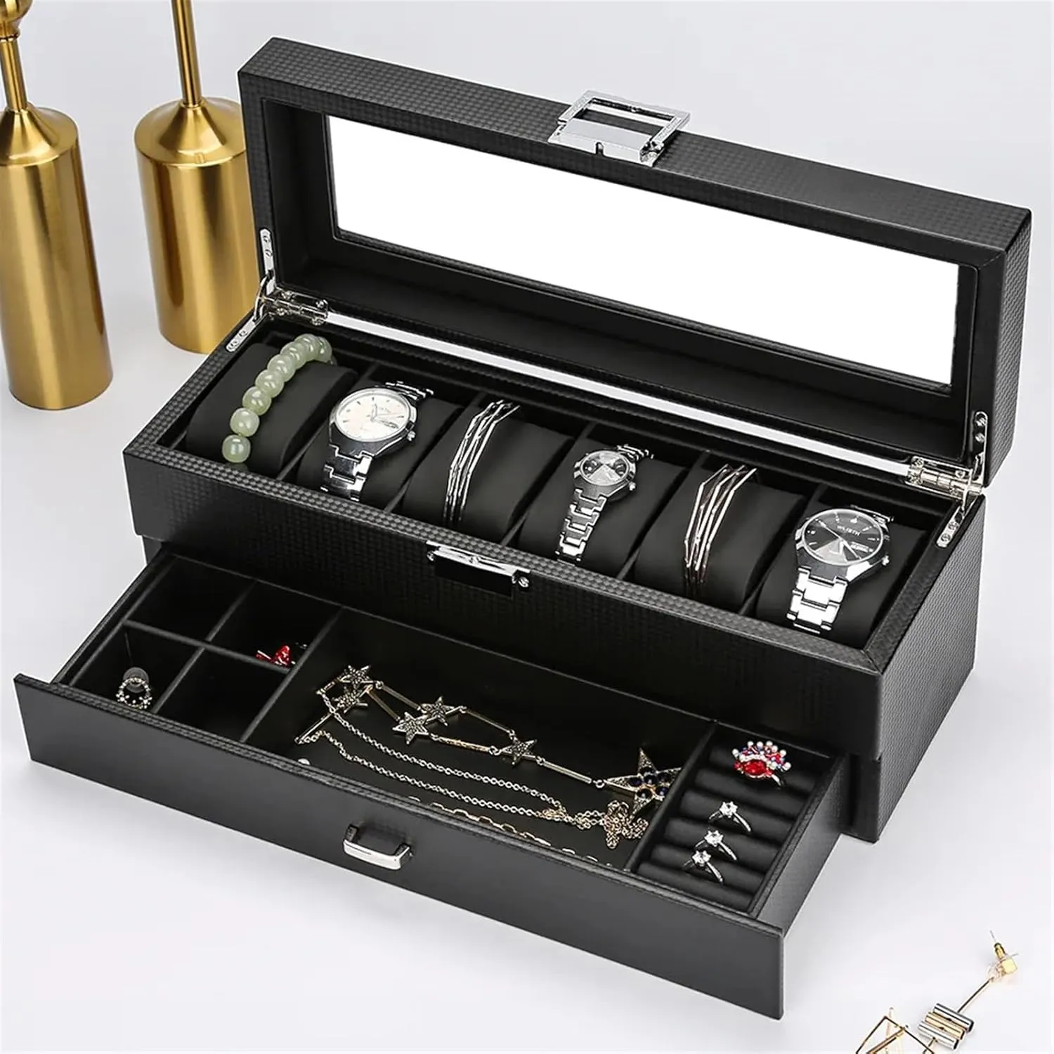 Organizer Storage Luxury Wood Case Wooden Black Display Box Square slapdash Glass Cabinet Double Layer 24 Slots Boxes Man (Color : Black) PUCHEN watch box Men Watch Box 