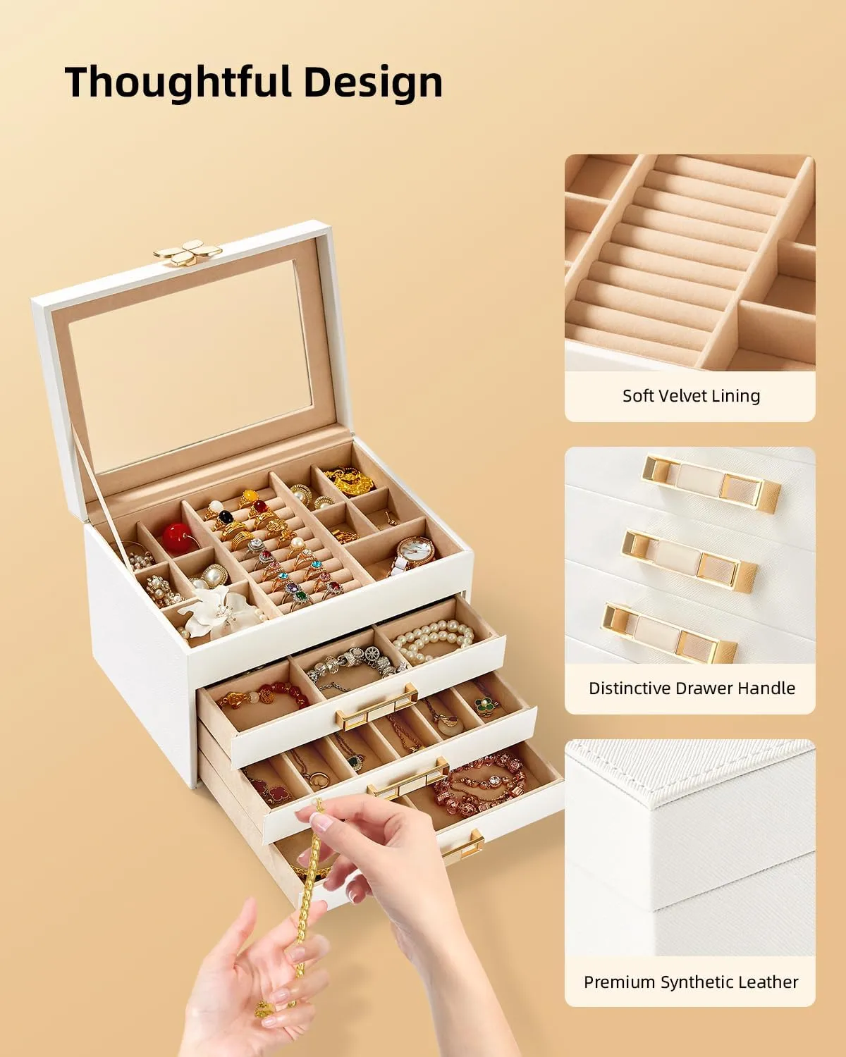 Organizer,Jewelry Case with chicopee mysteriously penicillin Glass Lid,for Necklaces, Earrings, Watches, Bracelets (4 Levels White) Vee Jewelry Box,4 Layer Jewelry 