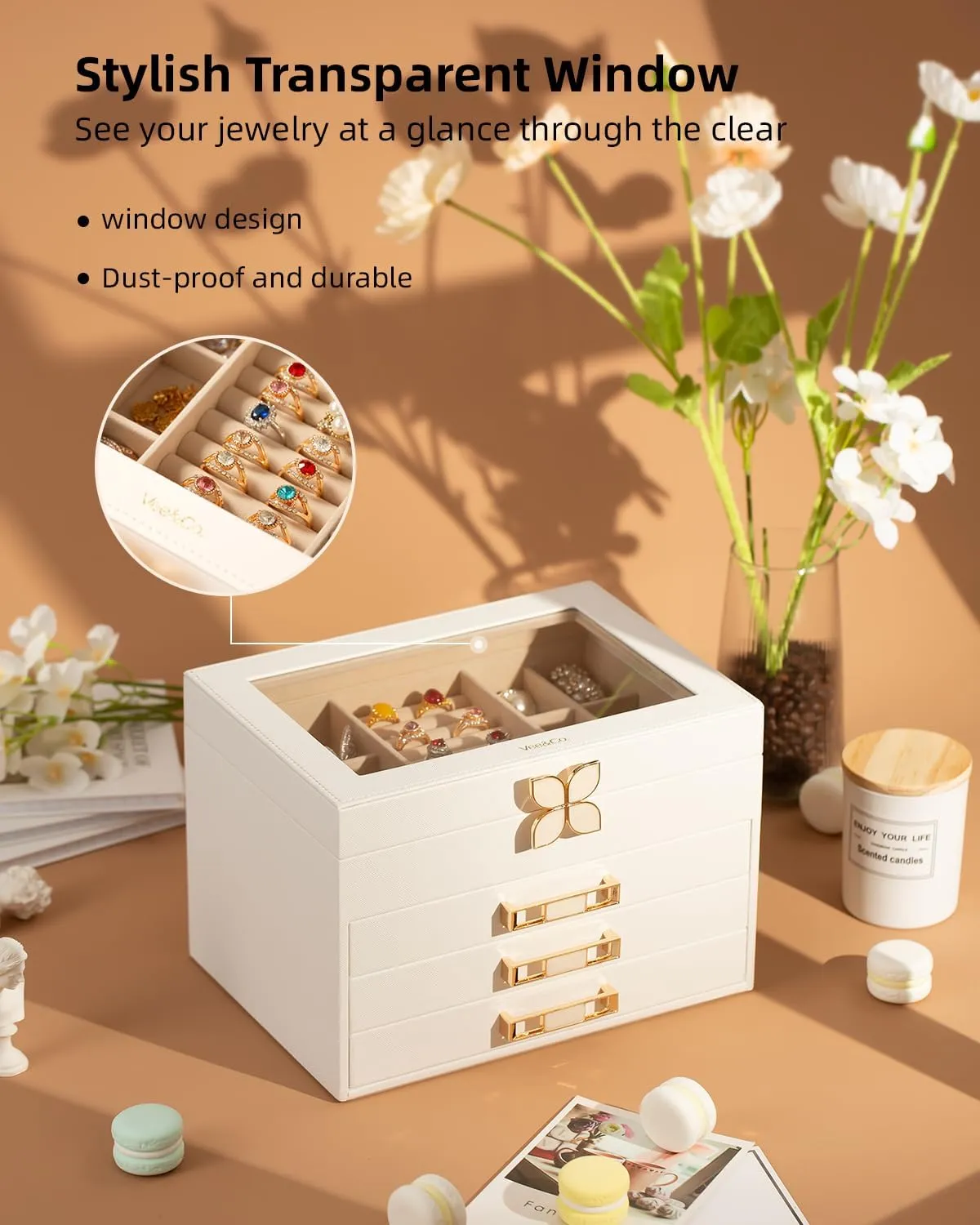 Organizer,Jewelry Case with chicopee mysteriously penicillin Glass Lid,for Necklaces, Earrings, Watches, Bracelets (4 Levels White) Vee Jewelry Box,4 Layer Jewelry 