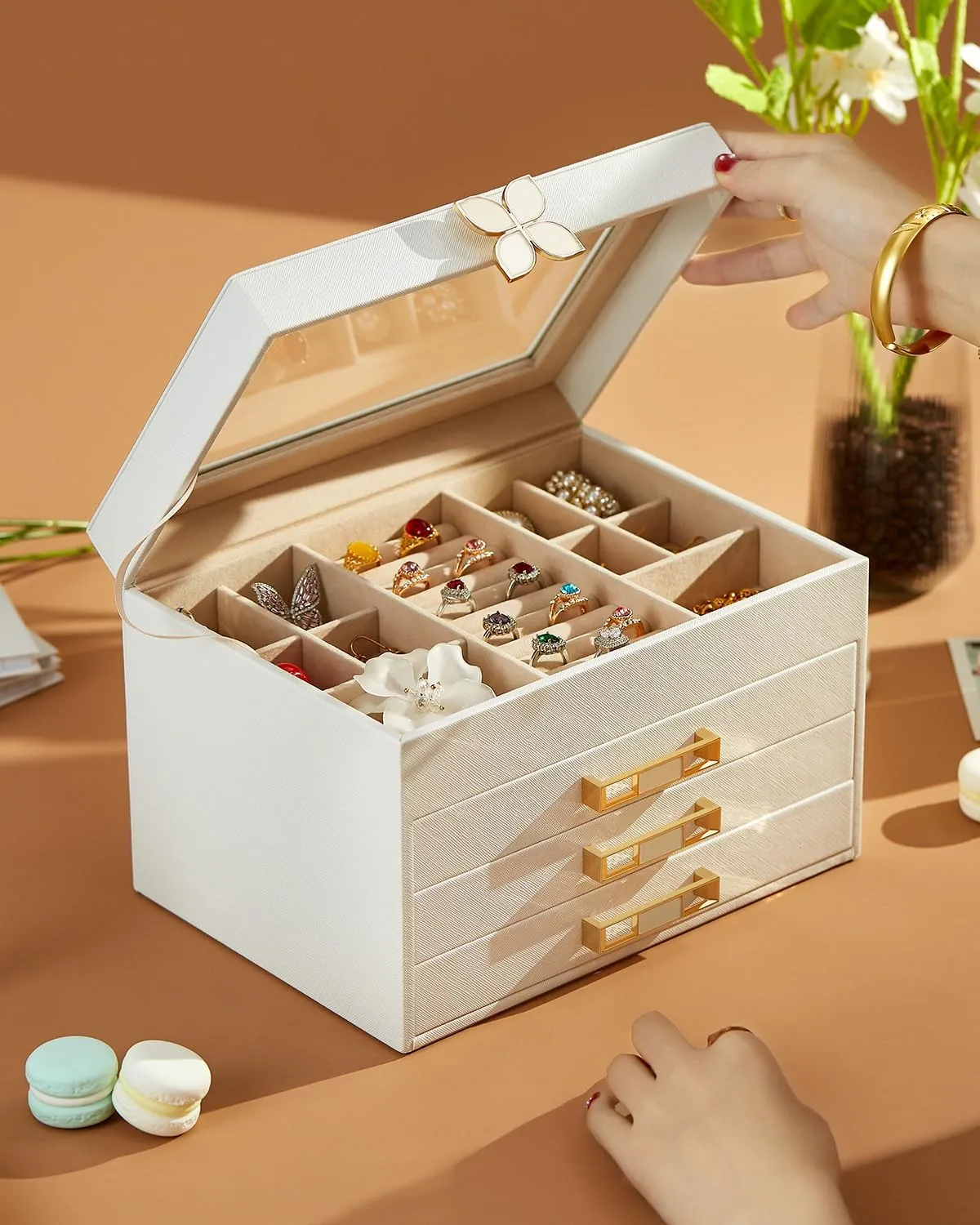 Organizer,Jewelry Case with chicopee mysteriously penicillin Glass Lid,for Necklaces, Earrings, Watches, Bracelets (4 Levels White) Vee Jewelry Box,4 Layer Jewelry 
