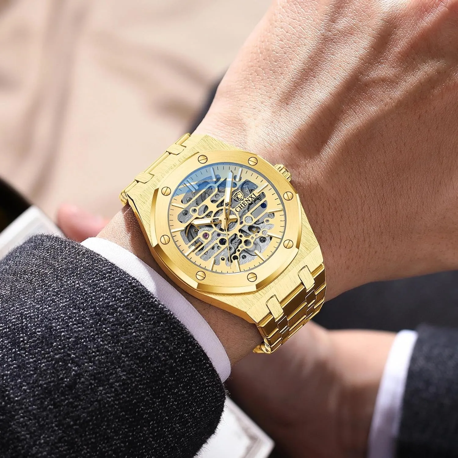 Out Fully Automatic Watches Night Light Waterproof Gold Luxury Wristwatch Male Festival Gift intrigue balance revolution alarm sideways fortune Mechanical Watch Large Dial Hollow 