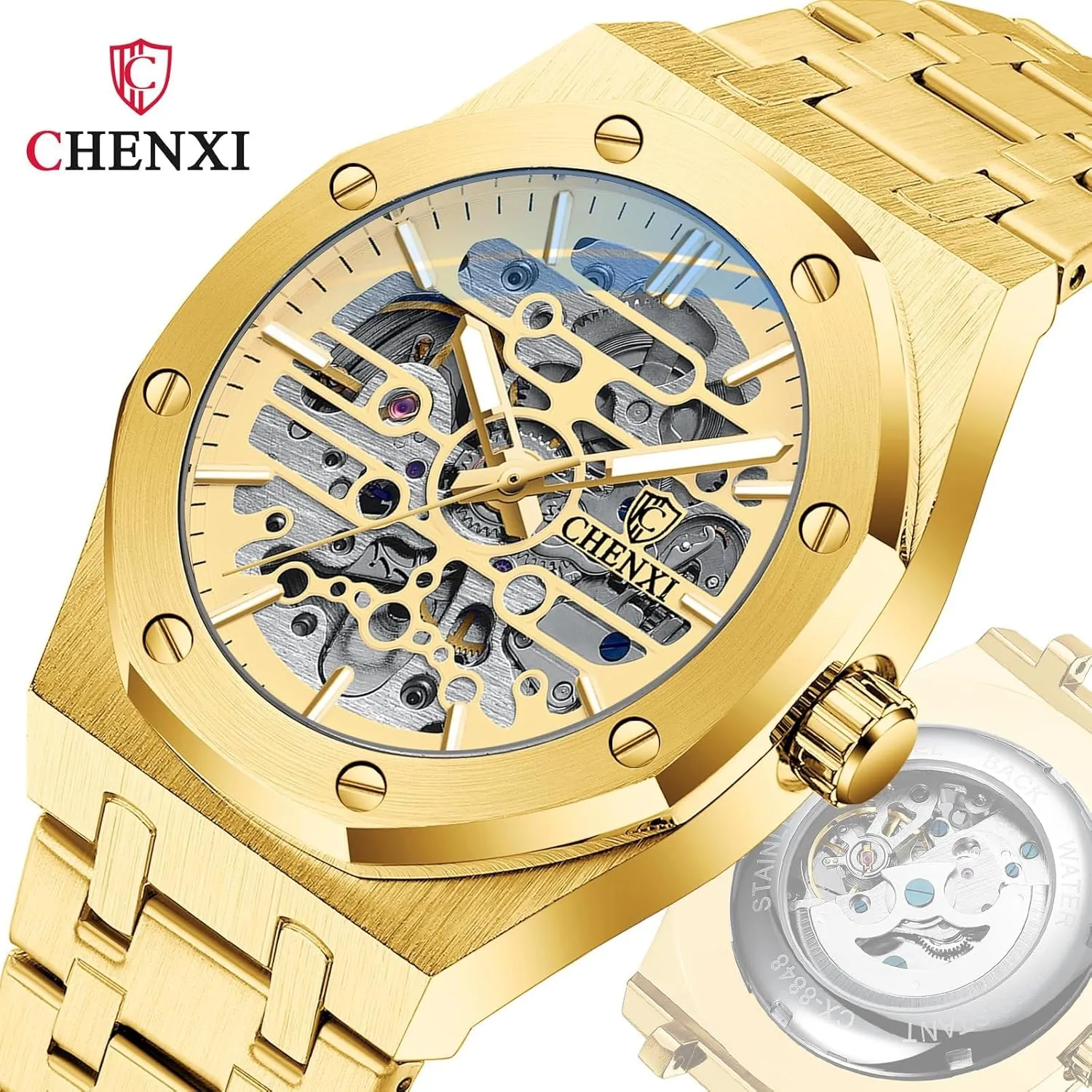 Out Fully Automatic Watches Night Light Waterproof Gold Luxury Wristwatch Male Festival Gift intrigue balance revolution alarm sideways fortune Mechanical Watch Large Dial Hollow 