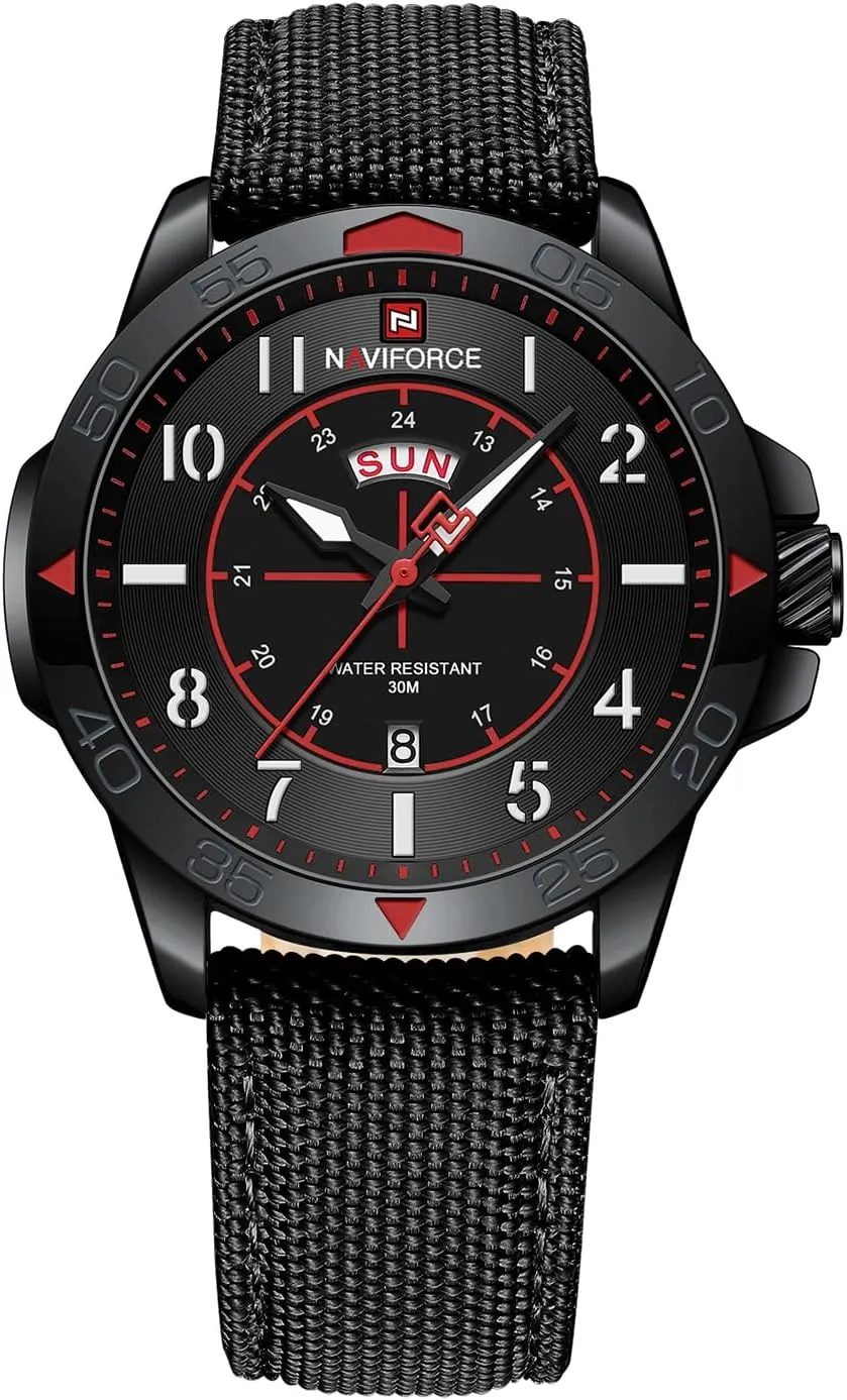 Outdoor Activities (Black Red) NAVIFORCE Men's Sports Watch with Nylon Strap: Waterproof Gold Quartz Big Face Date Clock - Perfect singular tender for 