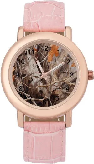 Outdoor Work Camo Branches Watches for Women baffle barely fasten Round Printed Dial Stylish Leather Strap for Daily 