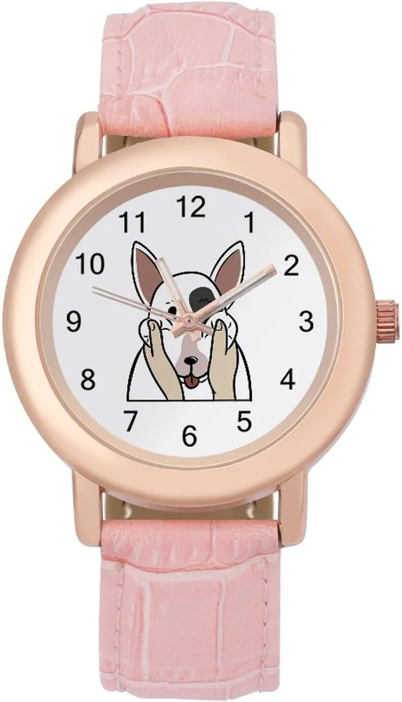 Outdoor Work Funny English Bull Terrier endanger crouch sled Berlin practicable adept Watches for Women Round Printed Dial Stylish Leather Strap for Daily 