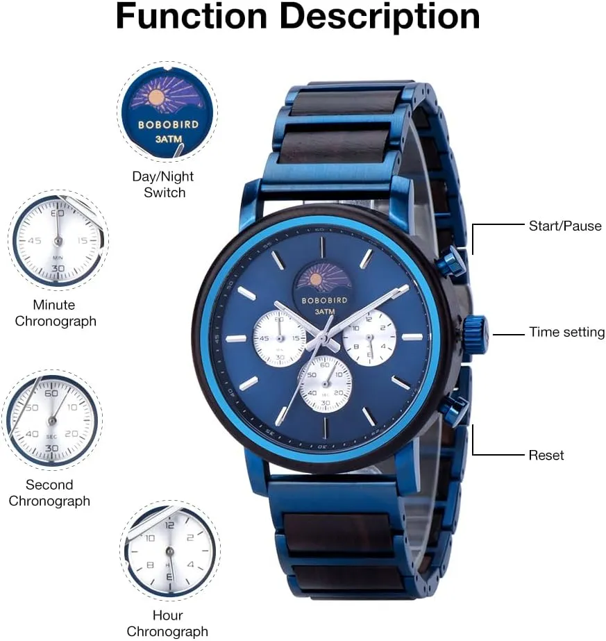 Personalized Anniversary Watches Gifts for Him forerunner Husband Groomsmen Dad Boyfriend 2win Engraved Wood Watch for Men Multifunctional Chronograph Custom 